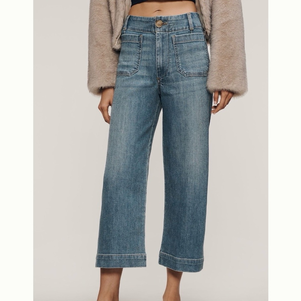 Maeve The Colette Sparkle Crop Blue High Rise Wide Leg Denim Jeans 25P 25 Petite